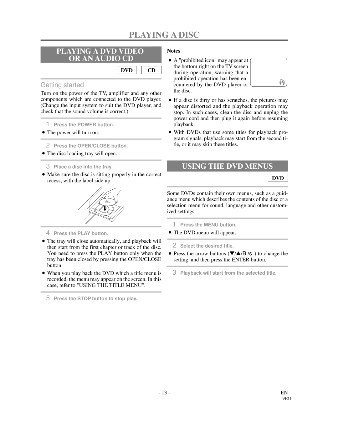 Sylvania DVL1000 owner manual Playing a Disc, Playing a DVD Video Or AN Audio CD, Using the DVD Menus 