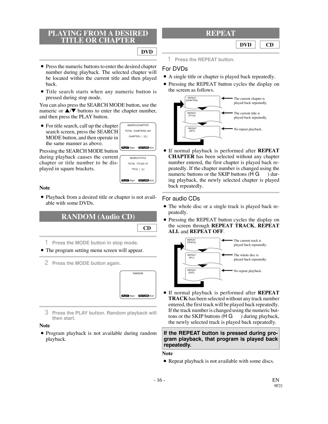 Sylvania DVL1000 owner manual Playing from a Desired Title or Chapter, Repeat 