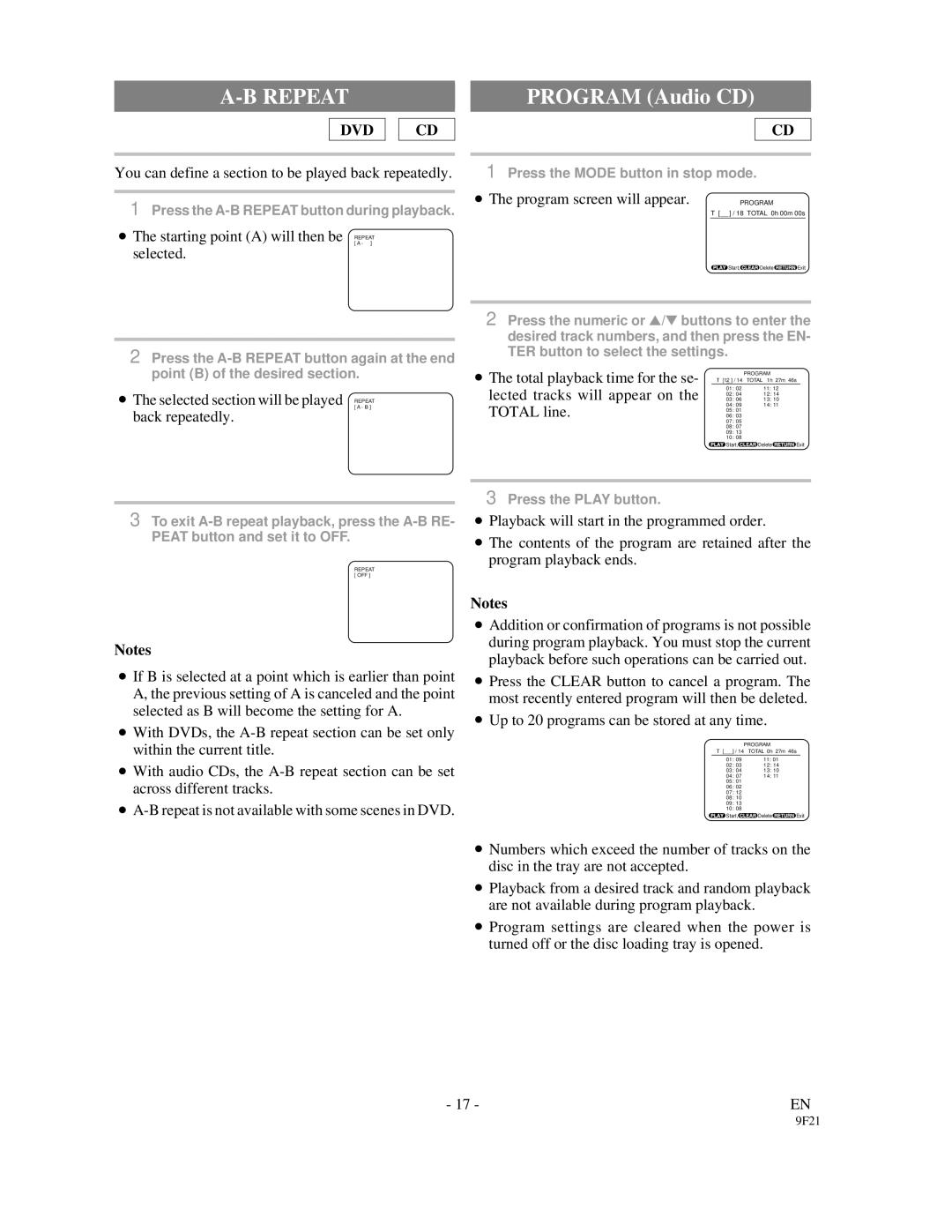 Sylvania DVL1000 You can define a section to be played back repeatedly, Starting point a will then be Repeat Selected 