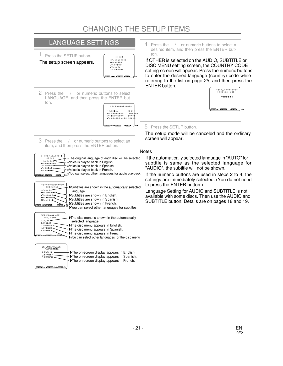 Sylvania DVL1000 owner manual Changing the Setup Items, Language Settings, Setup screen appears.2. Video 