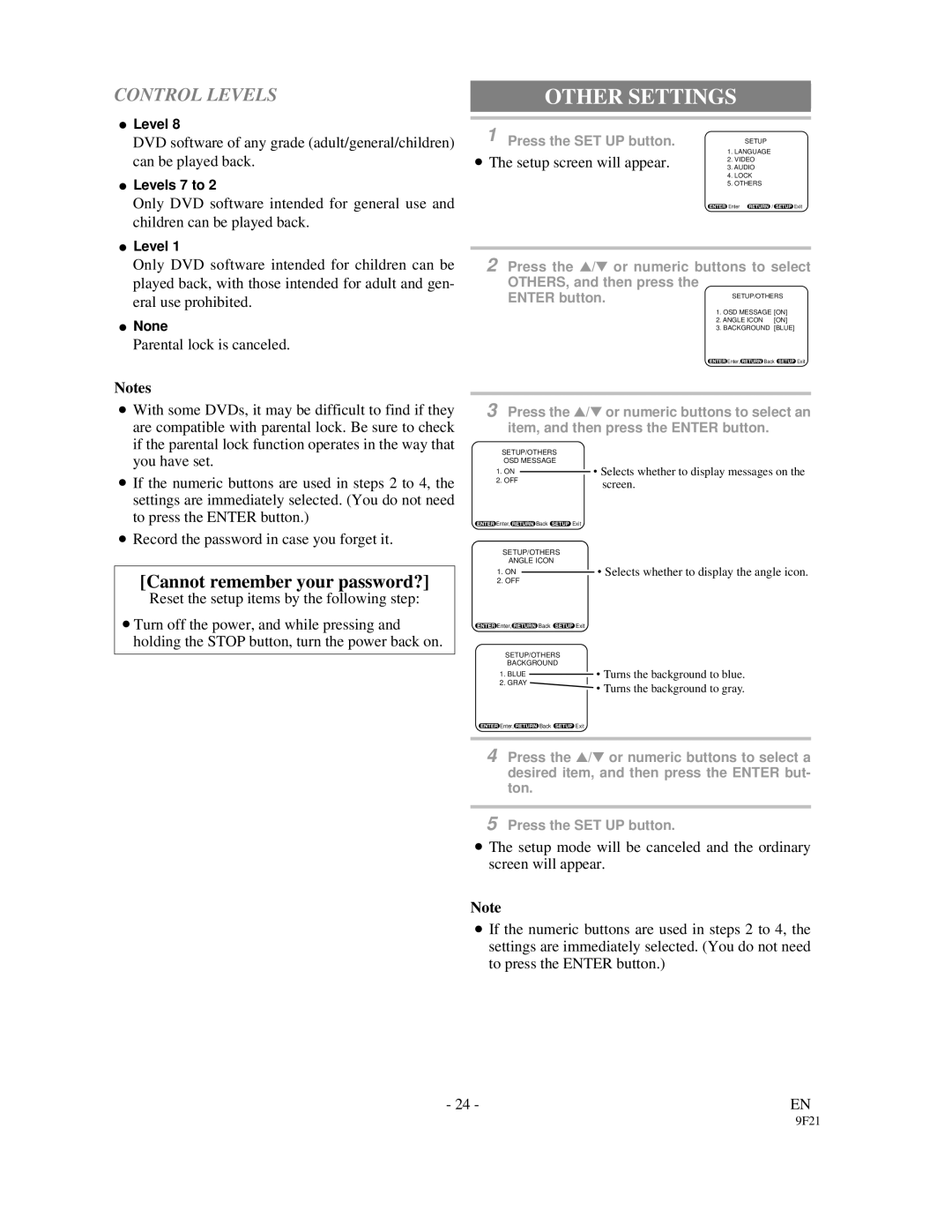 Sylvania DVL1000 owner manual Other Settings, Control Levels 