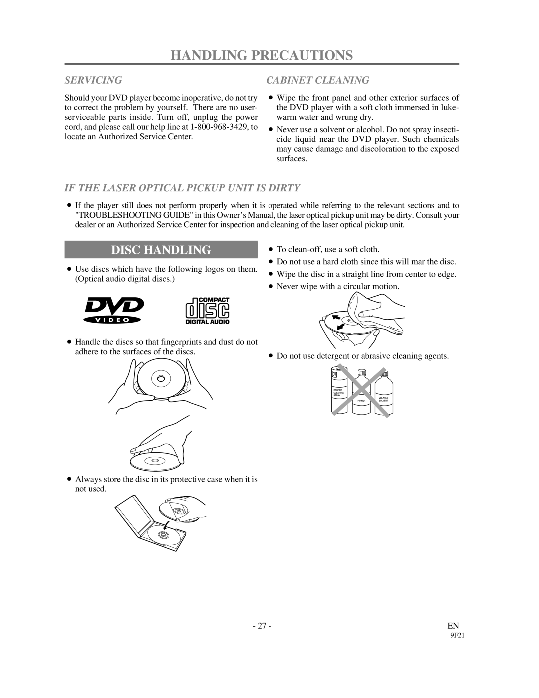 Sylvania DVL1000 owner manual Handling Precautions, Disc Handling, Cabinet Cleaning 