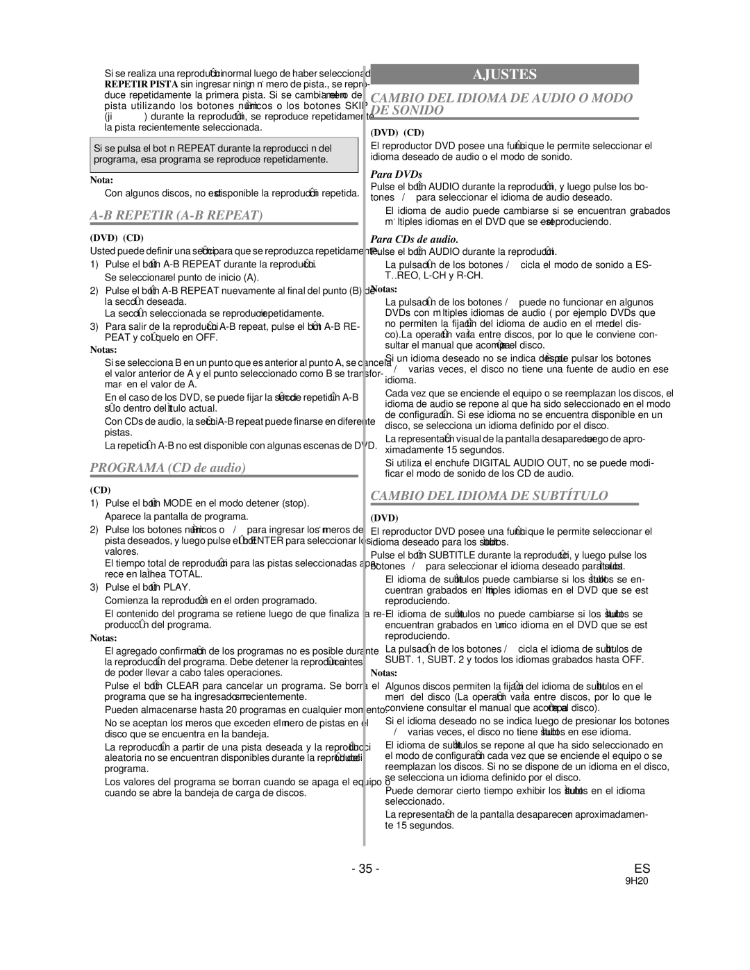 Sylvania DVL1000 Ajustes, Repetir A-B Repeat, Cambio DEL Idioma DE Audio O Modo DE Sonido, Cambio DEL Idioma DE Subtítulo 