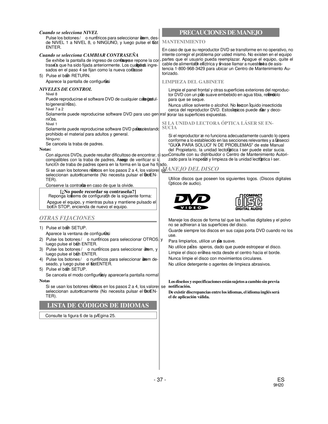 Sylvania DVL1000 owner manual Lista DE Códigos DE Idiomas, Precauciones DE Manejo, Otras Fijaciones, Manejo DEL Disco 