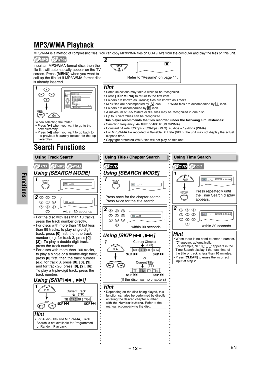 Sylvania DVL1000G owner manual MP3/WMA Playback, Search Functions, Using Search Mode, Using Skip H , G 