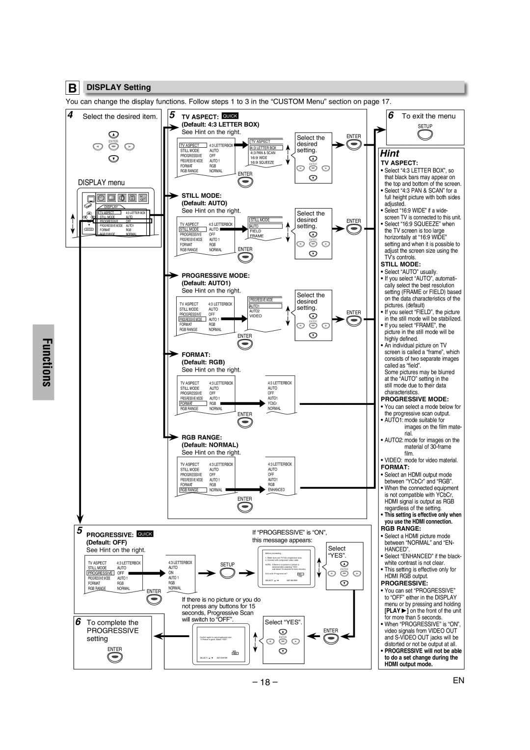 Sylvania DVL1000G owner manual Display Setting, To complete Progressive setting 