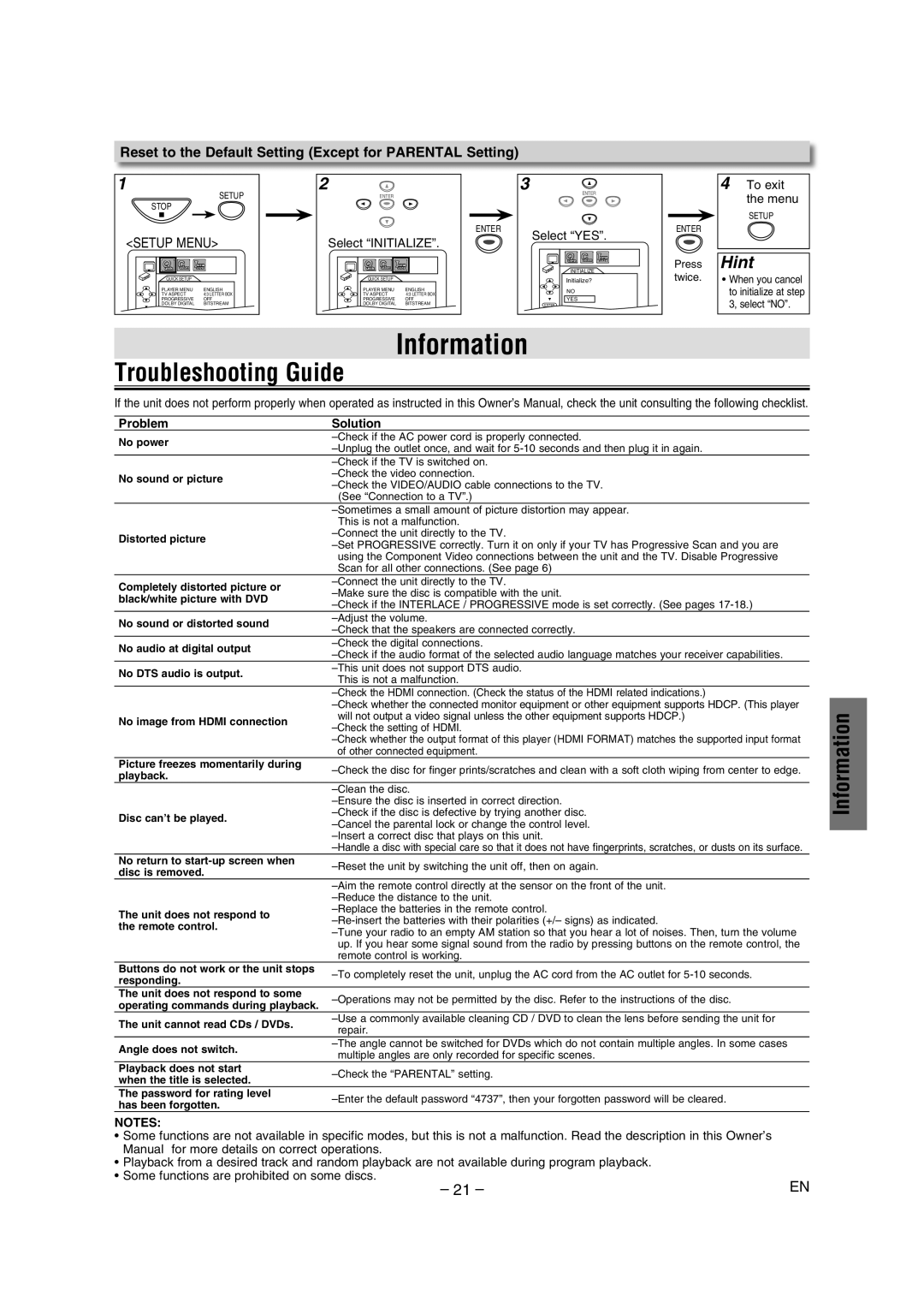 Sylvania DVL1000G owner manual Information, Troubleshooting Guide, Reset to the Default Setting Except for Parental Setting 