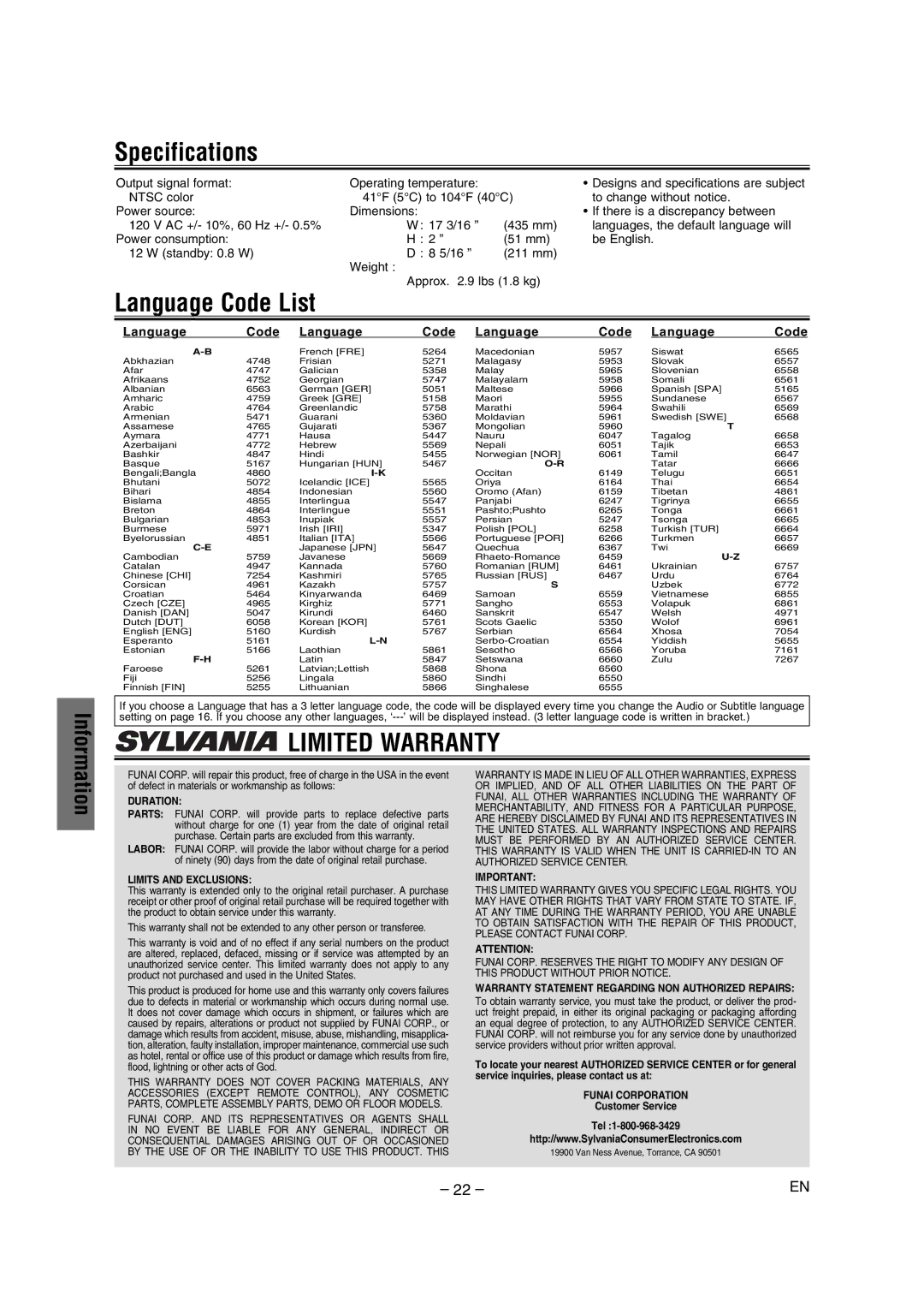 Sylvania DVL1000G owner manual Specifications, Language Code List 