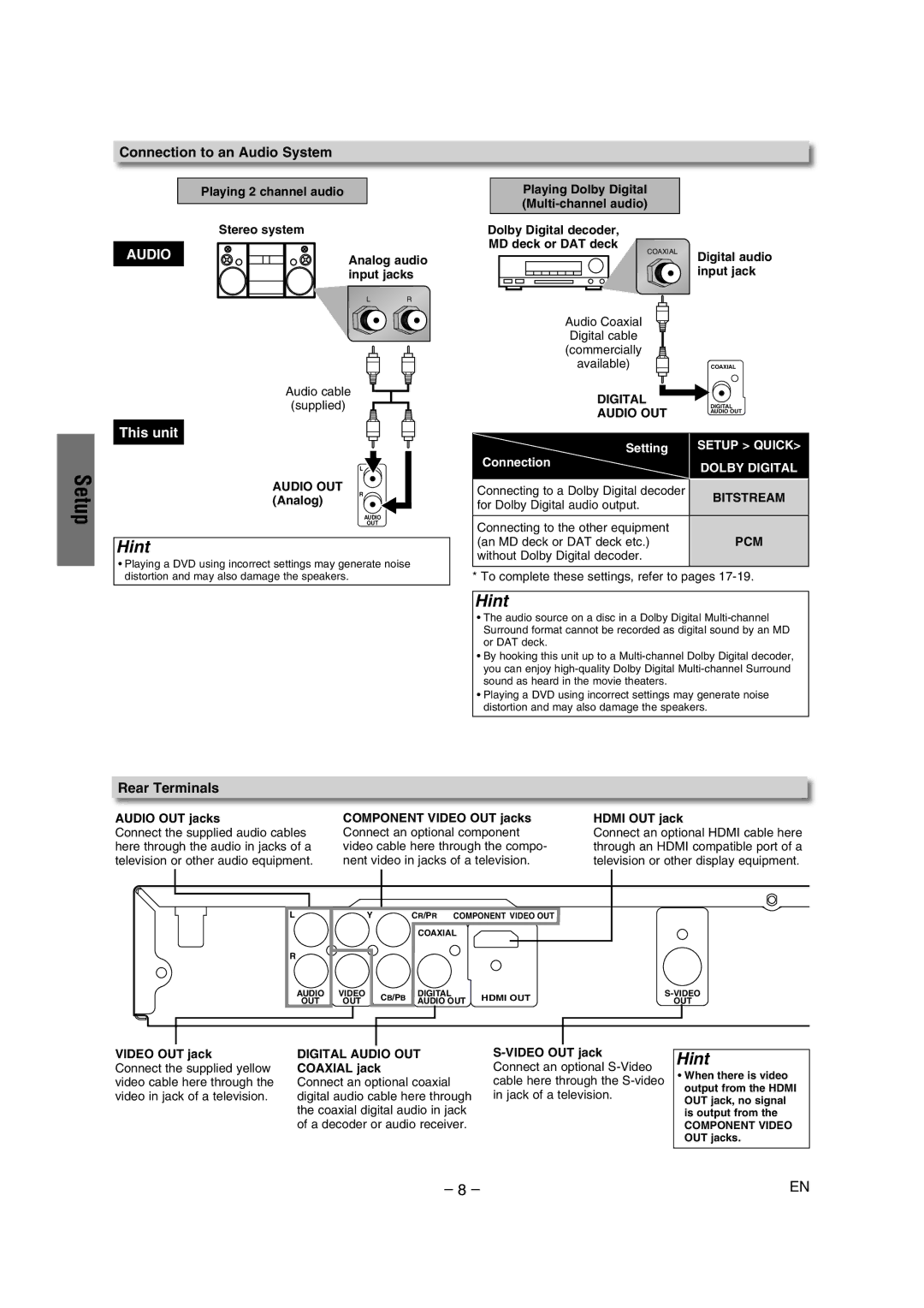 Sylvania DVL1000G owner manual Connection to an Audio System, Rear Terminals 