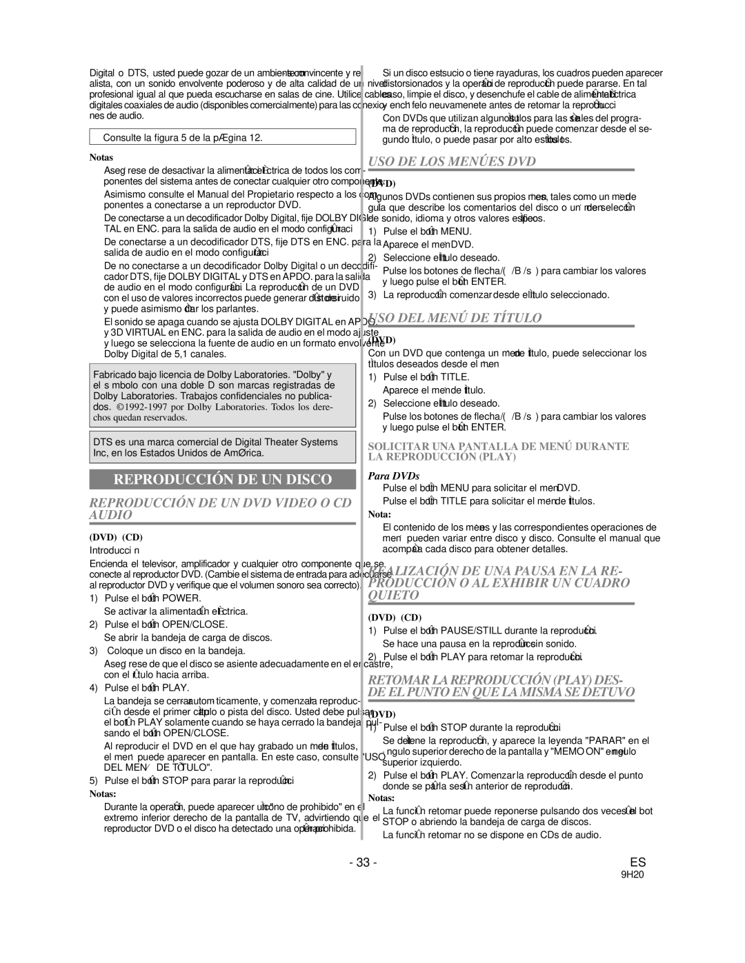 Sylvania DVL100A owner manual Reproducción DE UN Disco, Reproducción DE UN DVD Video O CD Audio, USO DE LOS Menúes DVD 