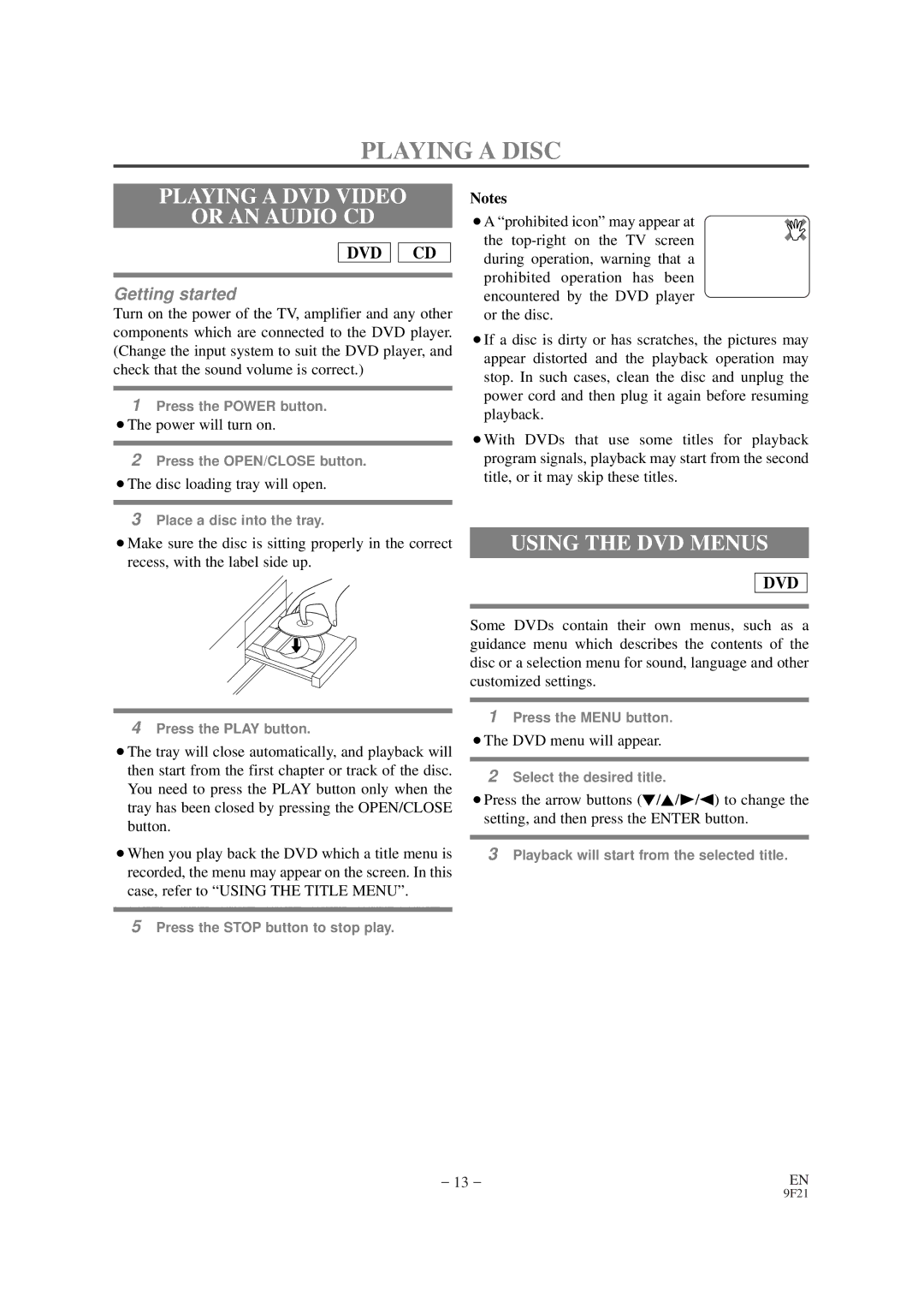 Sylvania DVL100B owner manual Playing a Disc, Playing a DVD Video Or AN Audio CD, Using the DVD Menus 