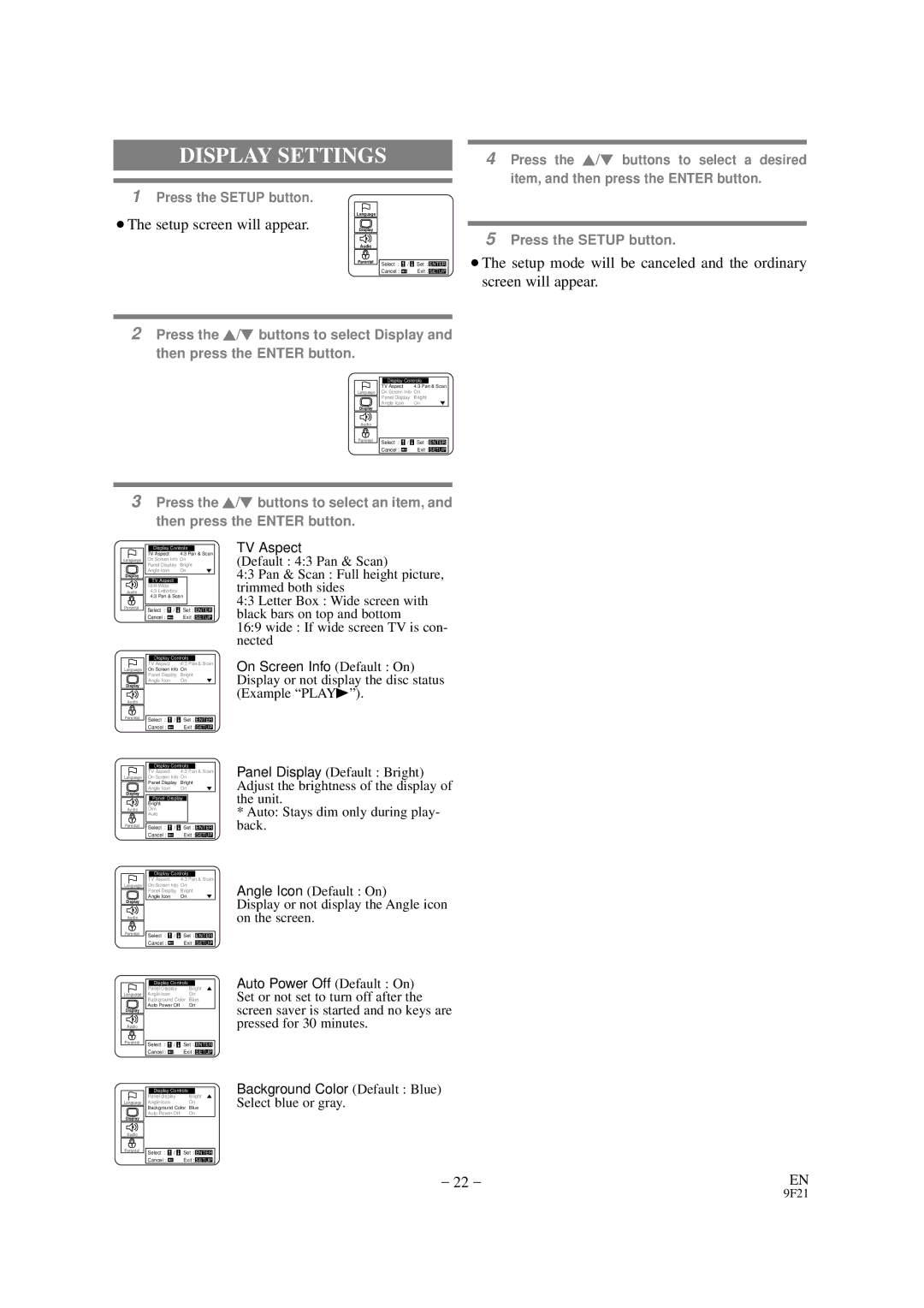 Sylvania DVL100B owner manual Display Settings, ¡The setup screen will appear 