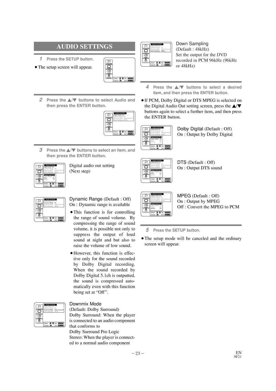 Sylvania DVL100B Audio Settings, Default 48kHz, Set the output for the DVD, Recorded in PCM 96kHz 96kHz, Or 48kHz 