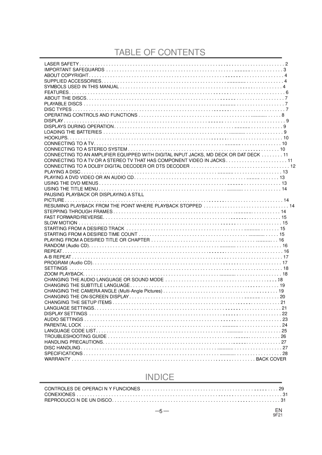 Sylvania DVL100B owner manual Table of Contents, Indice 