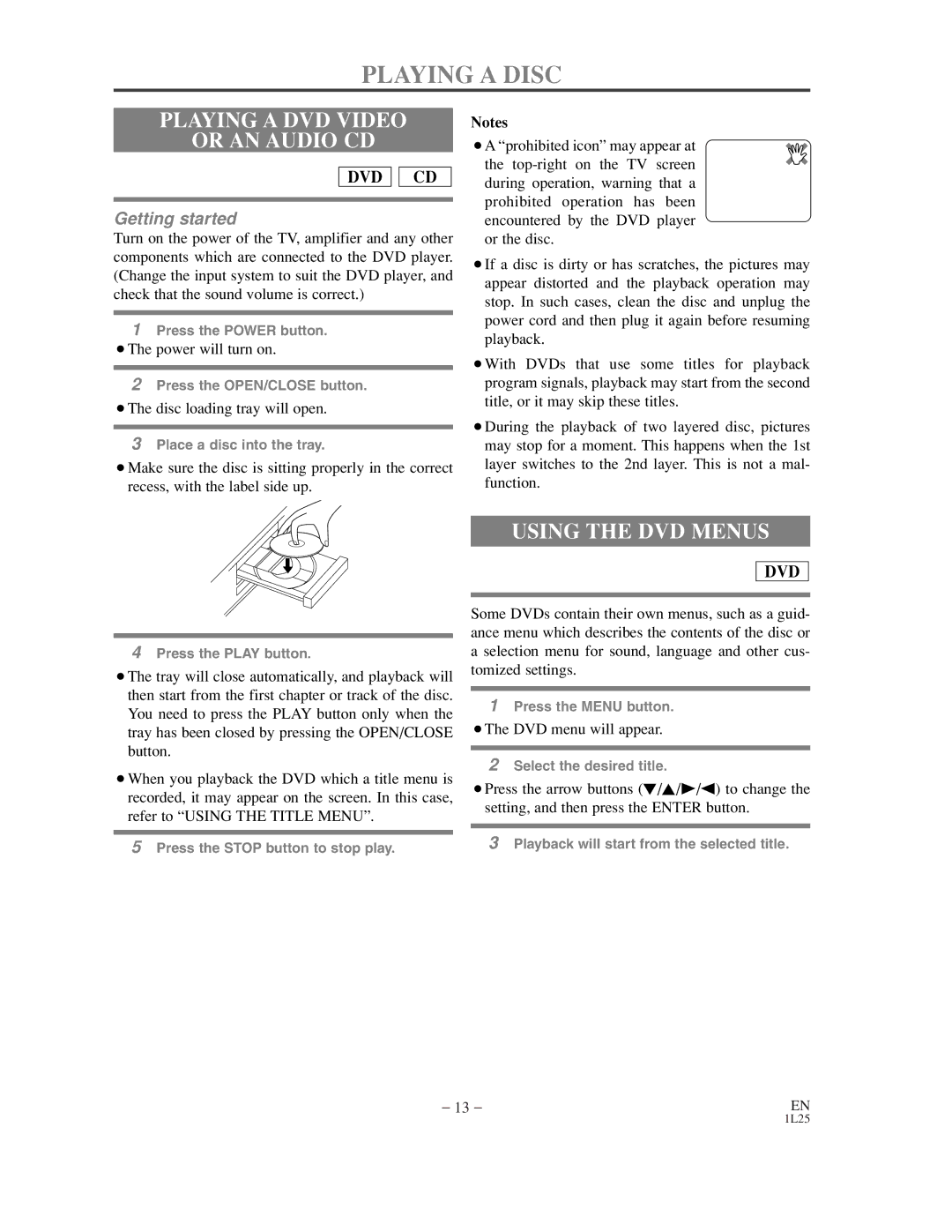 Sylvania DVL100C owner manual Playing a Disc, Playing a DVD Video Or AN Audio CD, Using the DVD Menus 