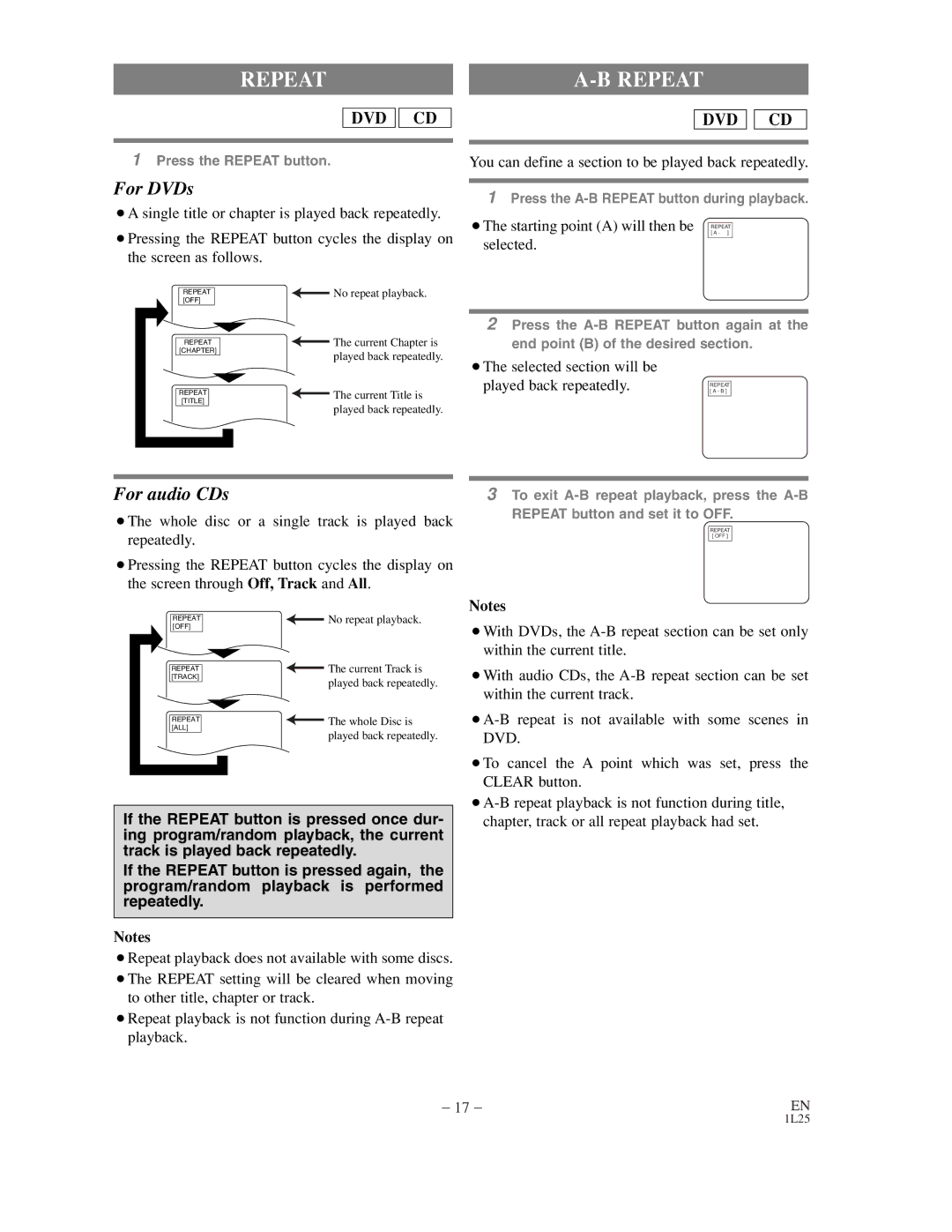 Sylvania DVL100C owner manual Repeat, You can define a section to be played back repeatedly 