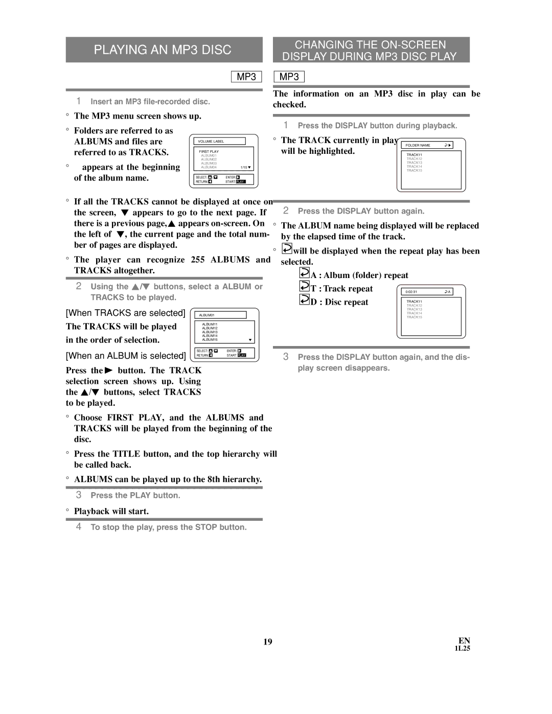 Sylvania DVL100C owner manual Playing AN MP3 Disc, When Tracks are selected, When an Album is selected 