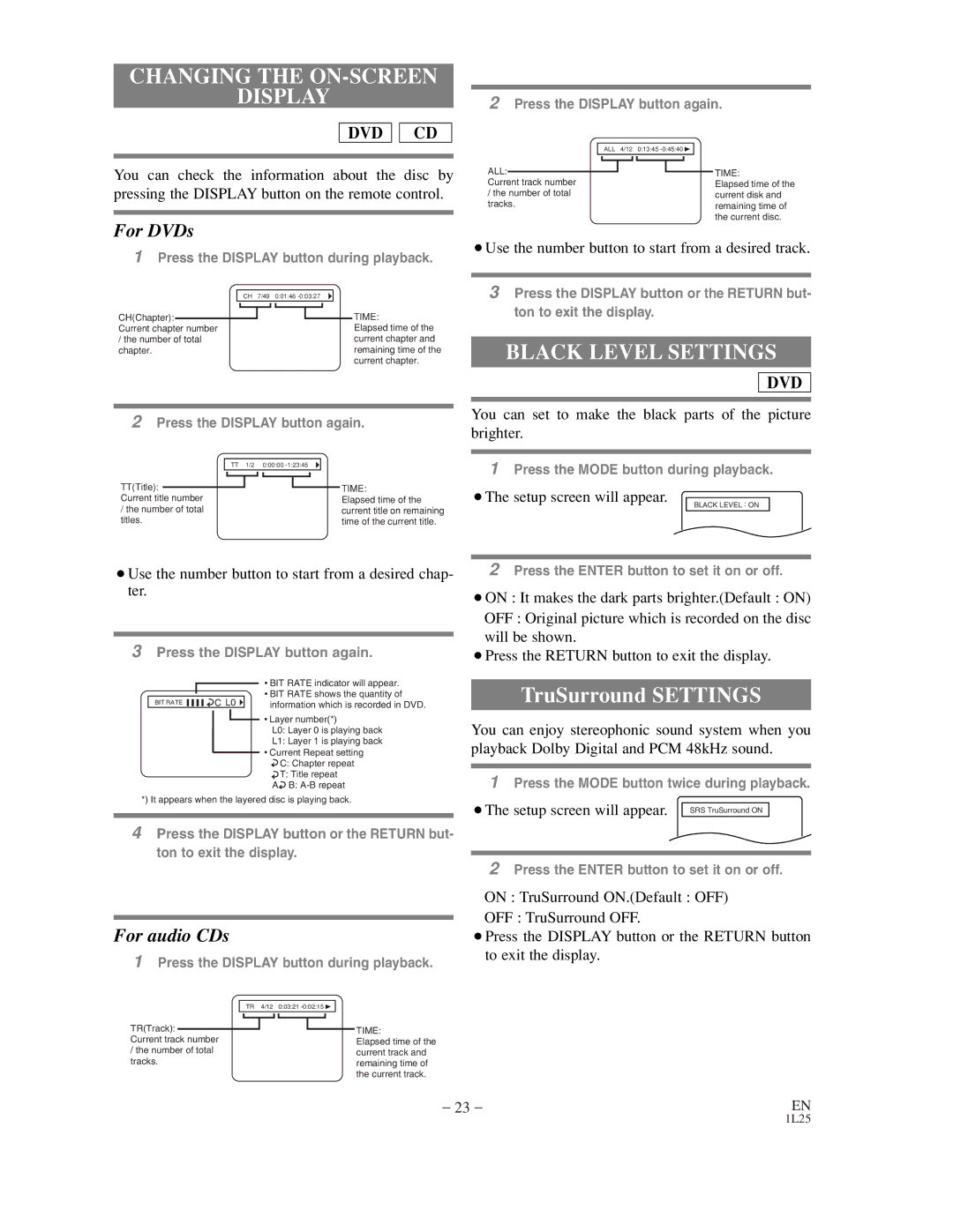 Sylvania DVL100C owner manual Changing the ON-SCREEN Display, Black Level Settings 