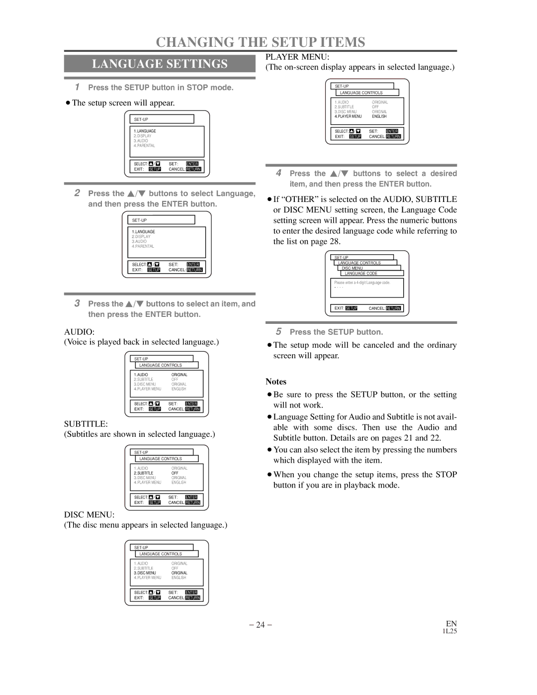 Sylvania DVL100C owner manual Changing the Setup Items, Language Settings 