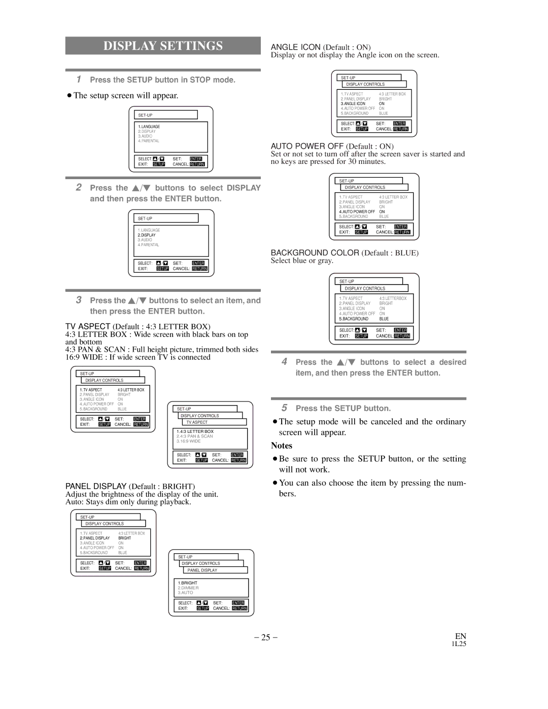 Sylvania DVL100C owner manual Display Settings, ¡You can also choose the item by pressing the num- bers 