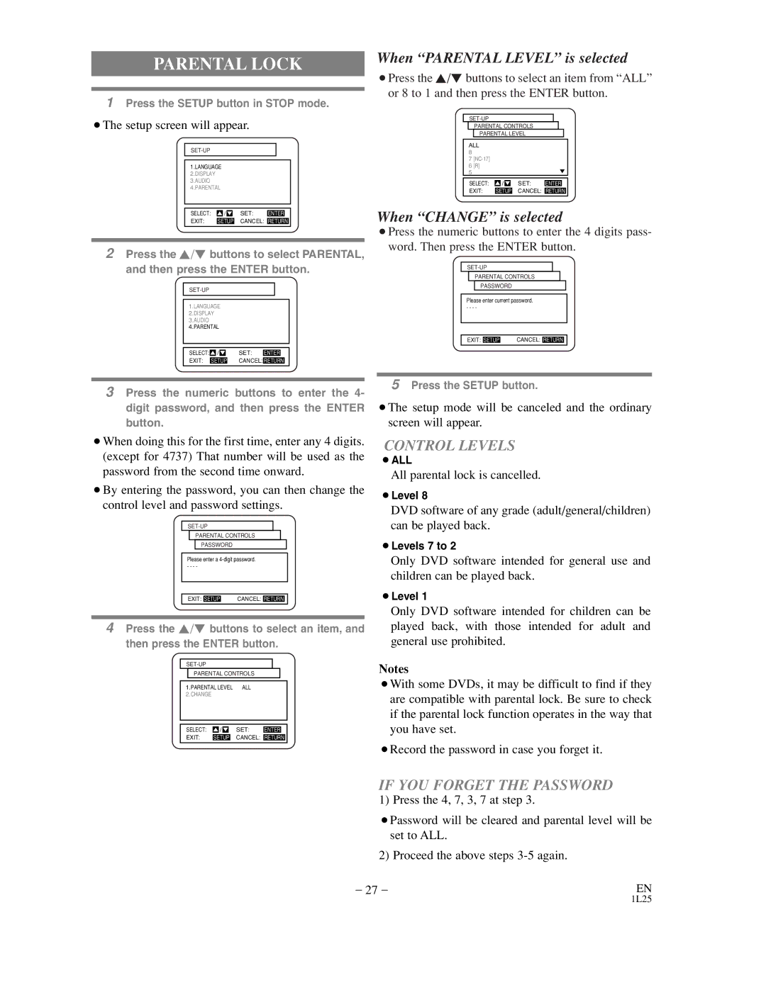 Sylvania DVL100C owner manual Parental Lock, All parental lock is cancelled 