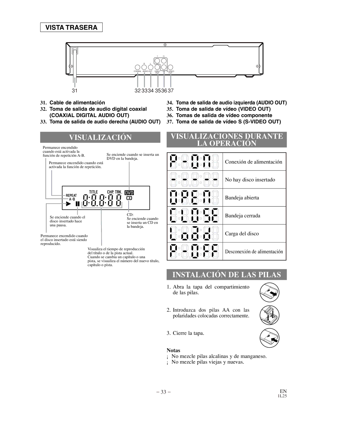 Sylvania DVL100C owner manual Visualización, Visualizaciones Durante LA Operación, Instalación DE LAS Pilas, Notas 