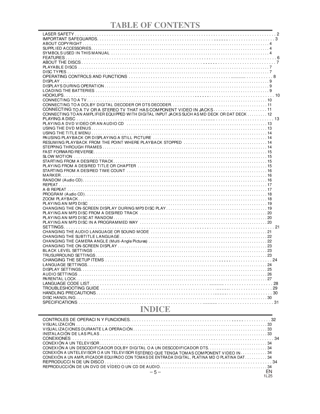 Sylvania DVL100C owner manual Table of Contents, Indice 