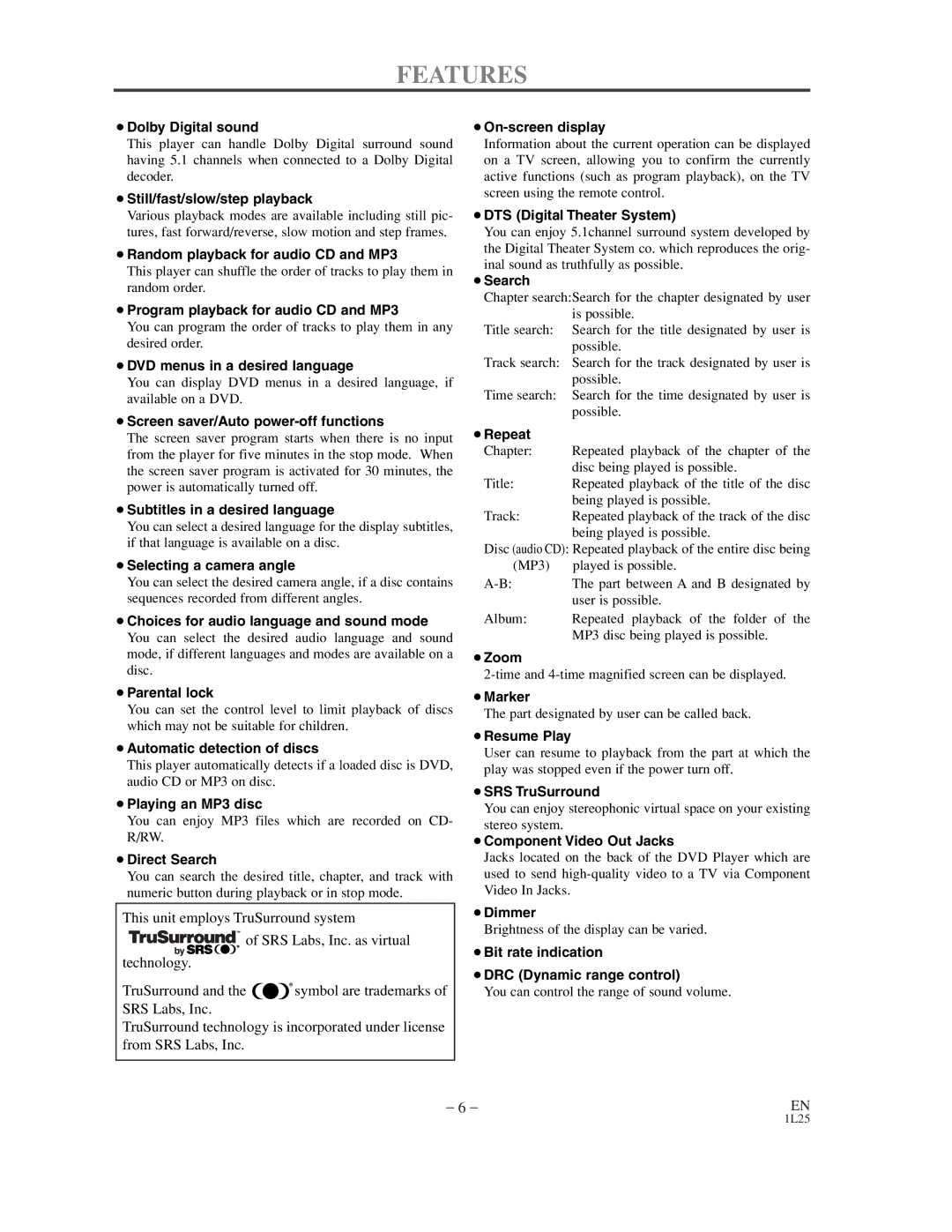 Sylvania DVL100C owner manual Features, ¡Dolby Digital sound 