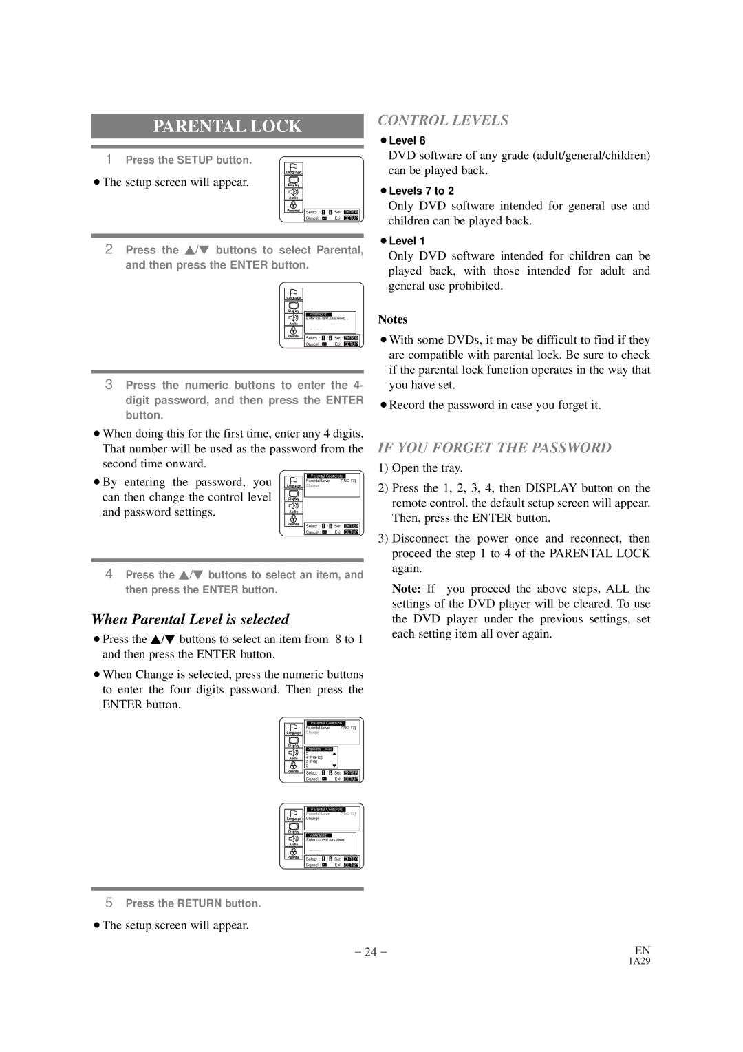 Sylvania DVL100CB Parental Lock, When Parental Level is selected, Can then change the control level, Password settings 