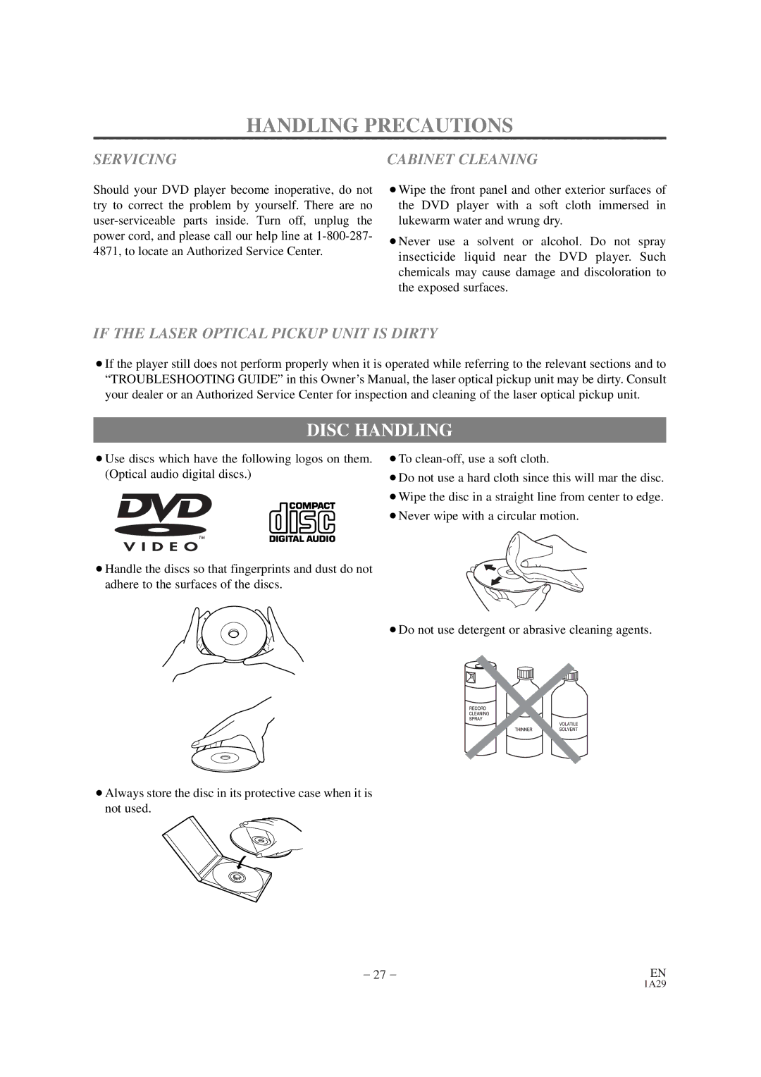 Sylvania DVL100CB owner manual Handling Precautions, Disc Handling 