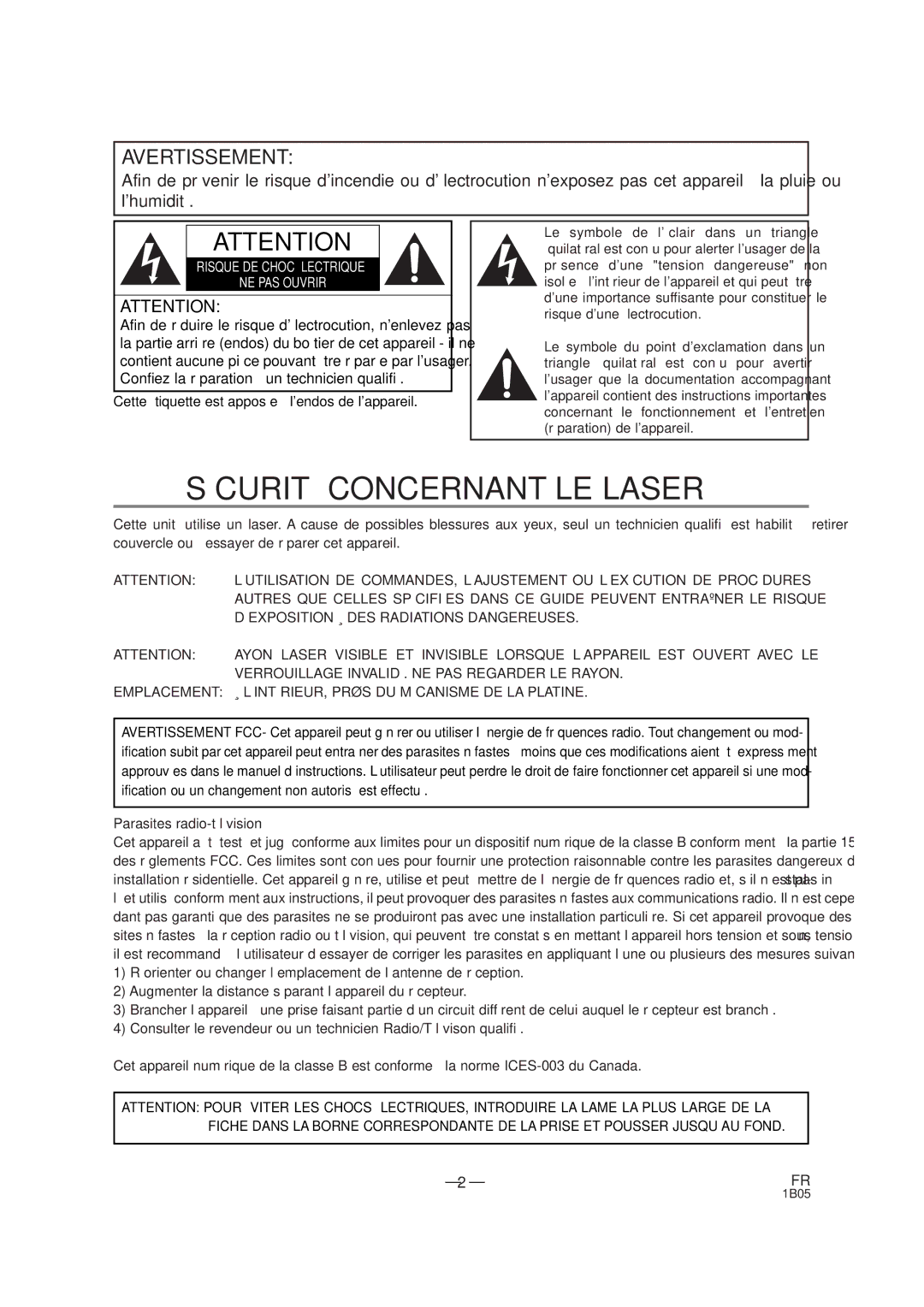 Sylvania DVL100CB owner manual Sécurité Concernant LE Laser 