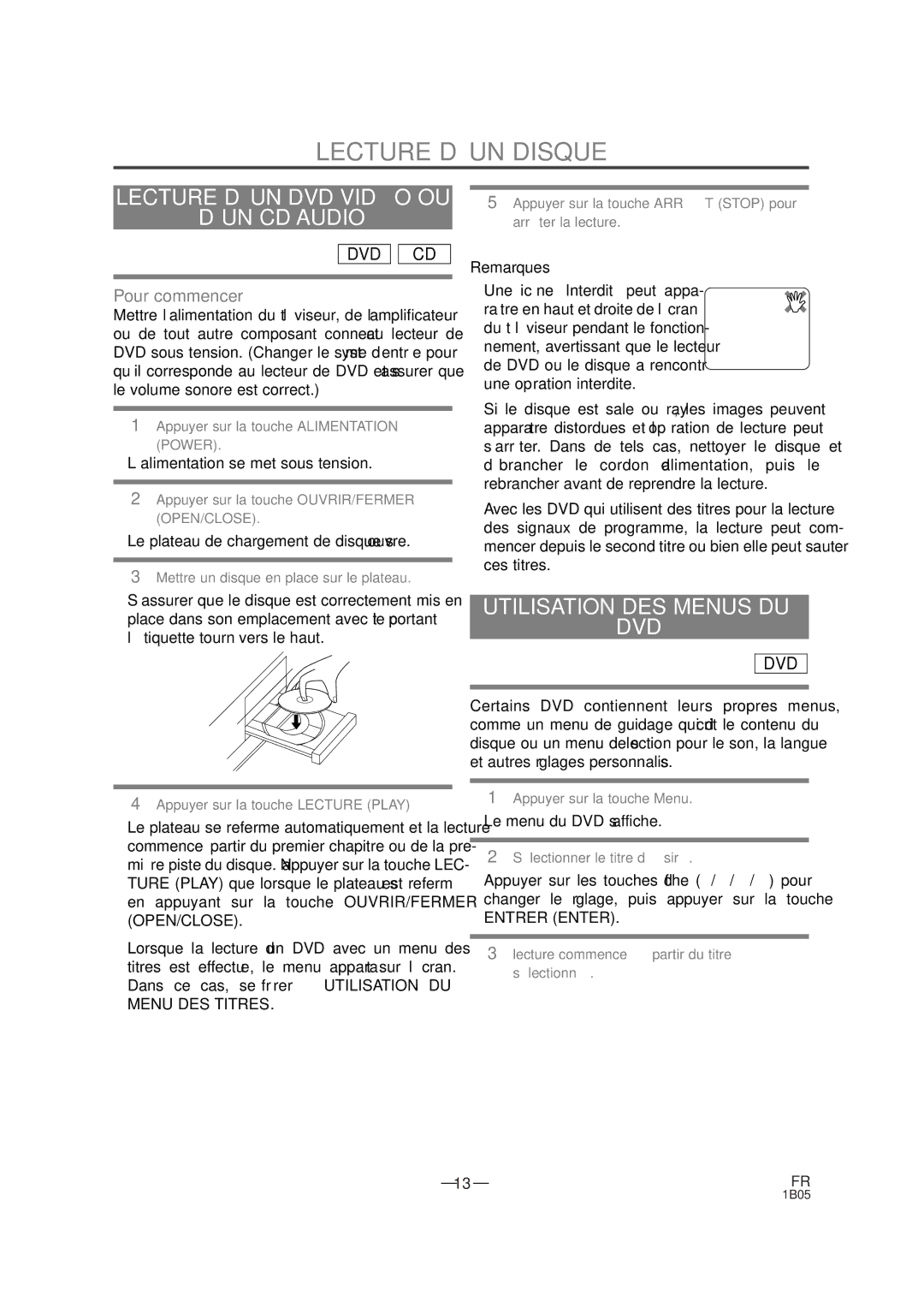 Sylvania DVL100CB owner manual Lecture D’UN Disque, Lecture D’UN DVD Vidé O OU ’UN CD Audio, Utilisation DES Menus DU DVD 