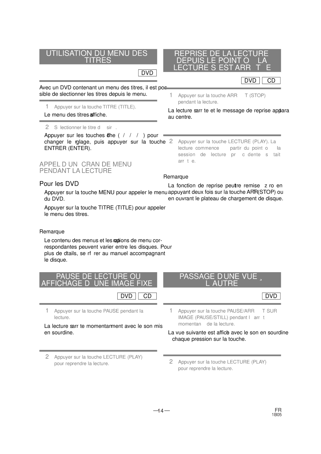 Sylvania DVL100CB owner manual Utilisation DU Menu DES Titres, Pour les DVD, ¡Le menu des titres s’affiche 