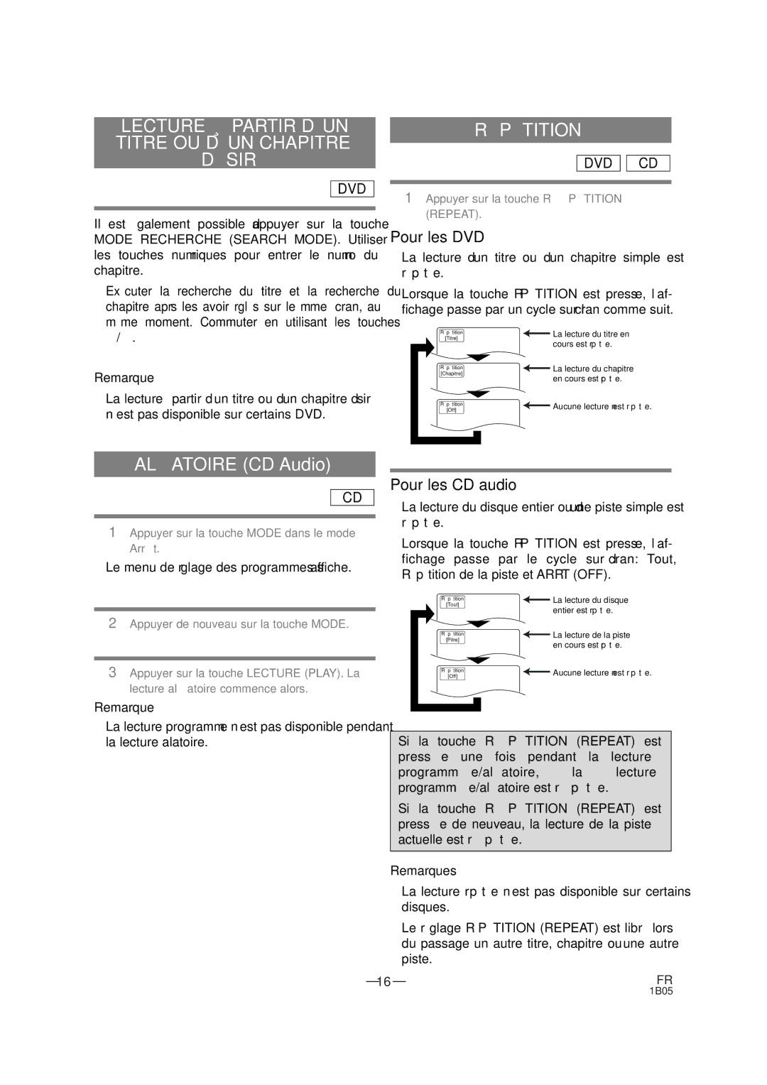 Sylvania DVL100CB owner manual Lecture À Partir D’UN Titre OU D’UN Chapitre DÉ Siré, RÉ PÉ Tition, Pour les CD audio 