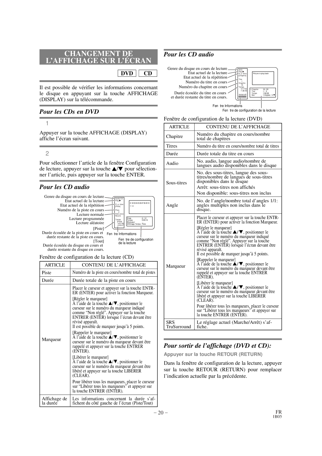 Sylvania DVL100CB Changement DE ’AFFICHAGE SUR L’É Cran, Pour les CDs en DVD, Pour sortir de l’affichage DVD et CD 