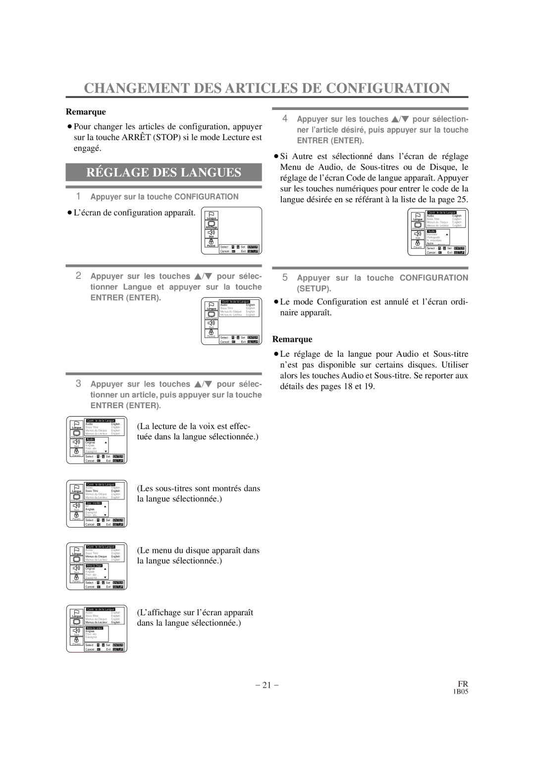 Sylvania DVL100CB Changement DES Articles DE Configuration, RÉ Glage DES Langues, ¡L’écran de configuration apparaît 