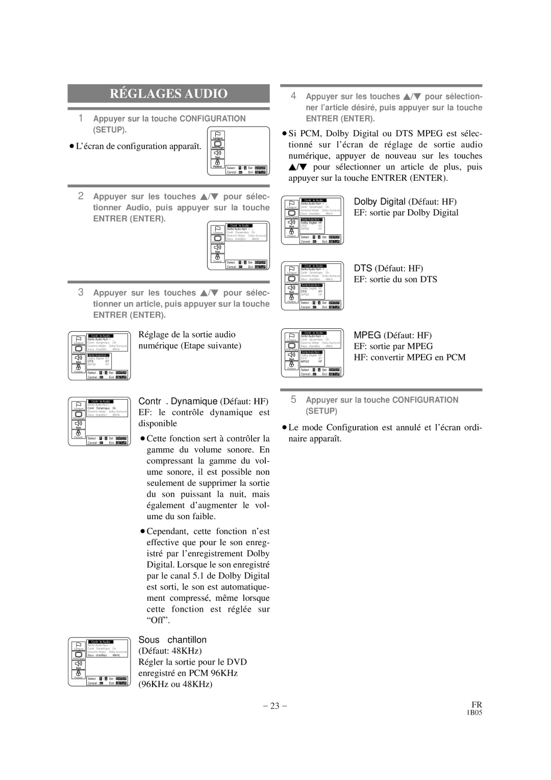 Sylvania DVL100CB owner manual RÉ Glages Audio, ¡L’écran de configuration apparaît, EF le contrô le dynamique est 