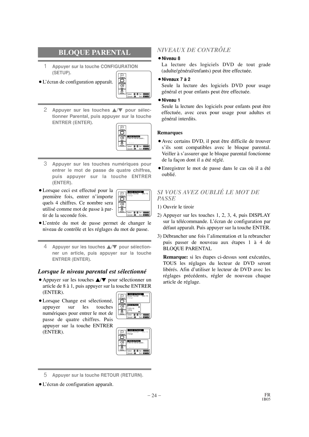 Sylvania DVL100CB owner manual Bloque Parental, Lorsque le niveau parental est sélectionné 