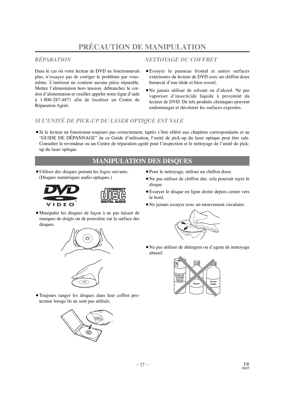 Sylvania DVL100CB owner manual PRÉ Caution DE Manipulation, Manipulation DES Disques 
