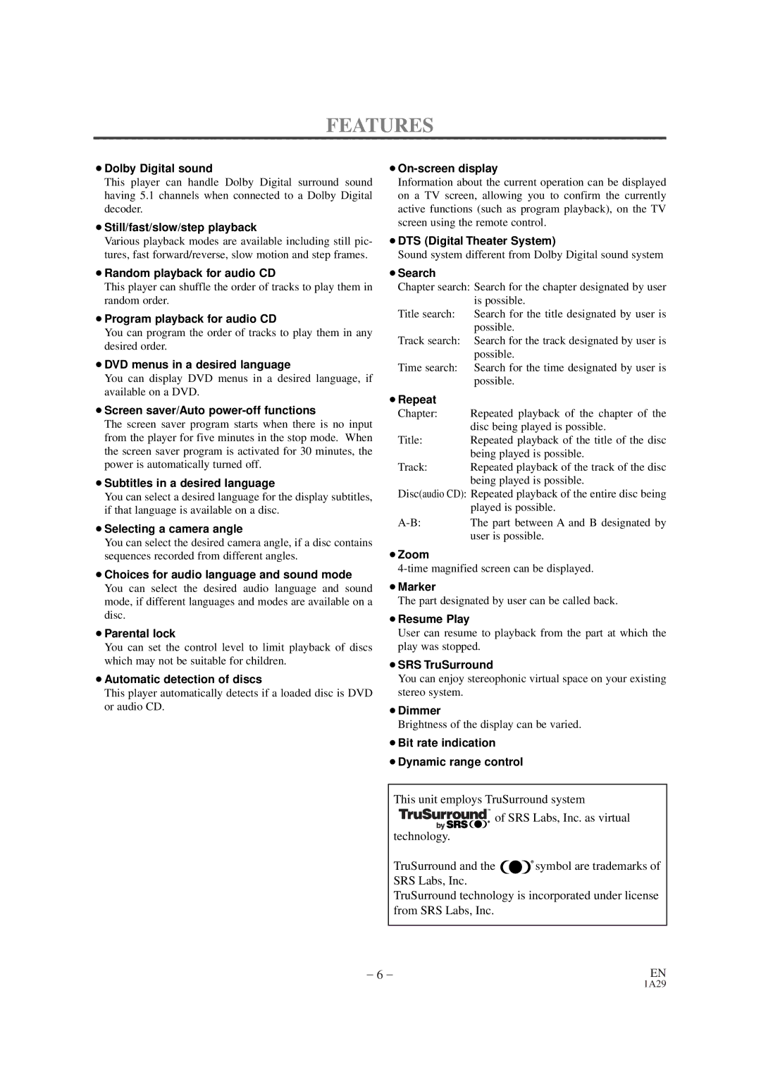 Sylvania DVL100CB owner manual Features, ¡Dolby Digital sound 