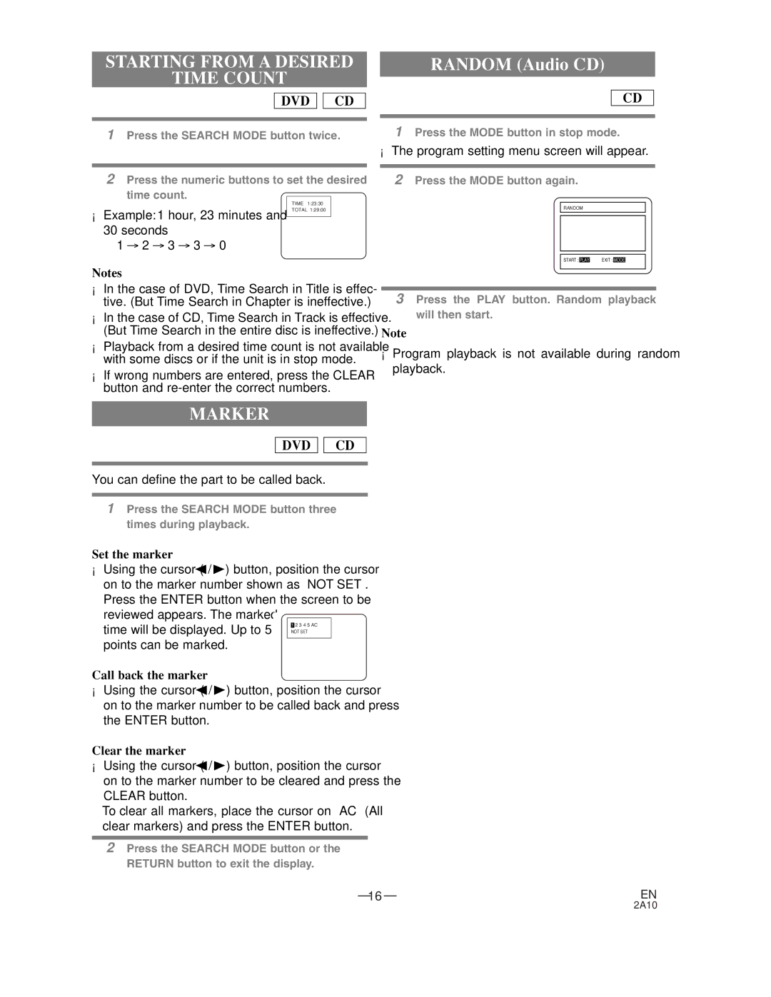 Sylvania DVL100CC Starting from a Desired Time Count, Marker, Set the marker, Call back the marker, Clear the marker 