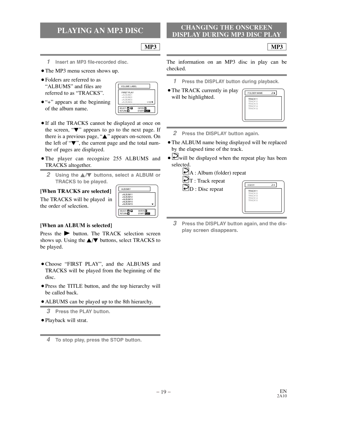 Sylvania DVL100CC owner manual Playing AN MP3 Disc, When Tracks are selected, When an Album is selected 