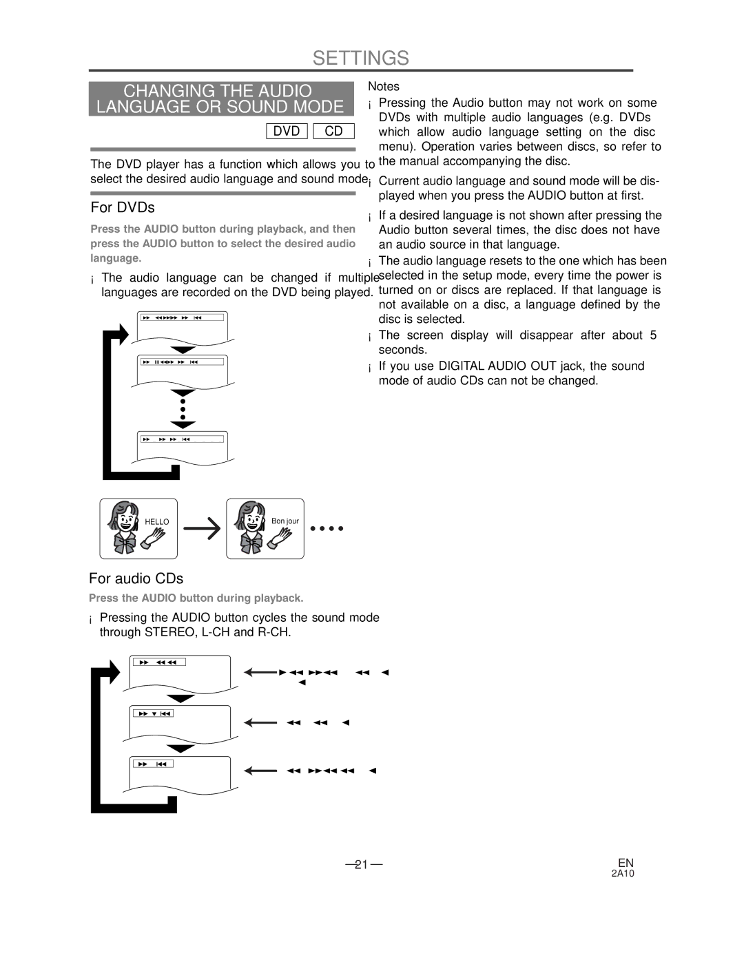 Sylvania DVL100CC owner manual Settings, Changing the Audio Language or Sound Mode 