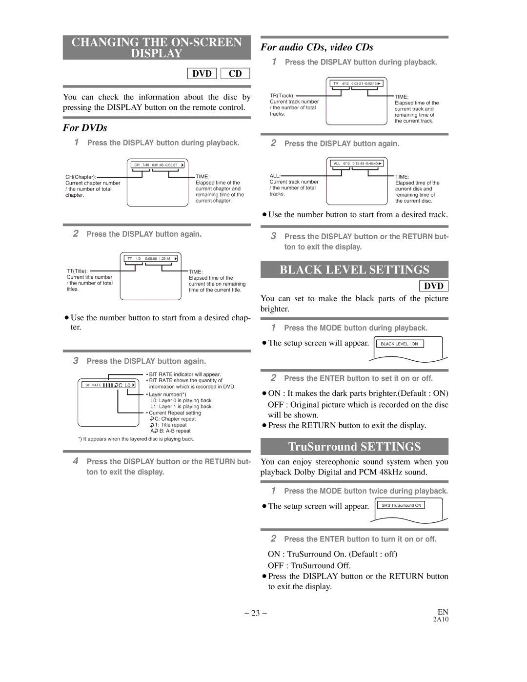 Sylvania DVL100CC owner manual Changing the ON-SCREEN Display, Black Level Settings 