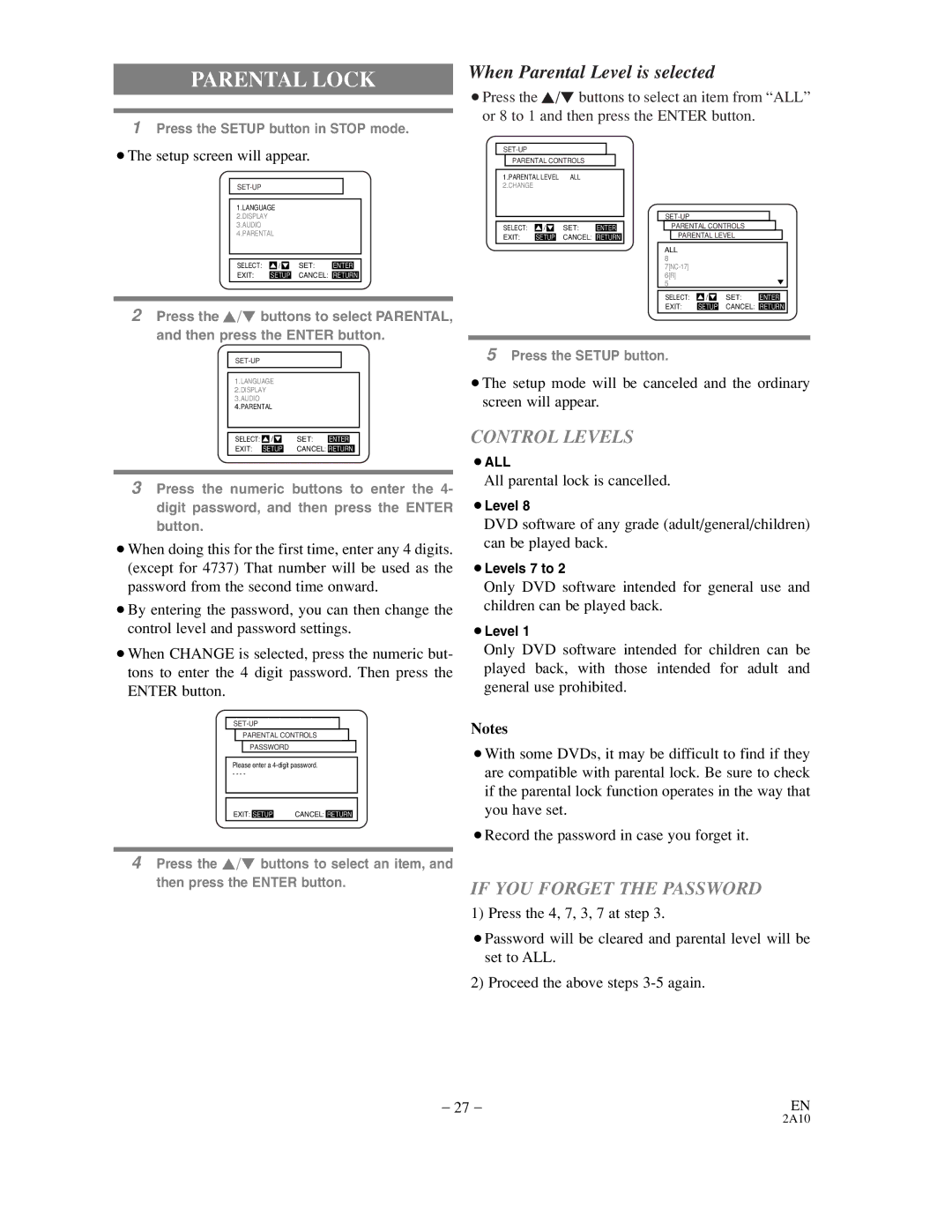 Sylvania DVL100CC owner manual Parental Lock, All parental lock is cancelled 