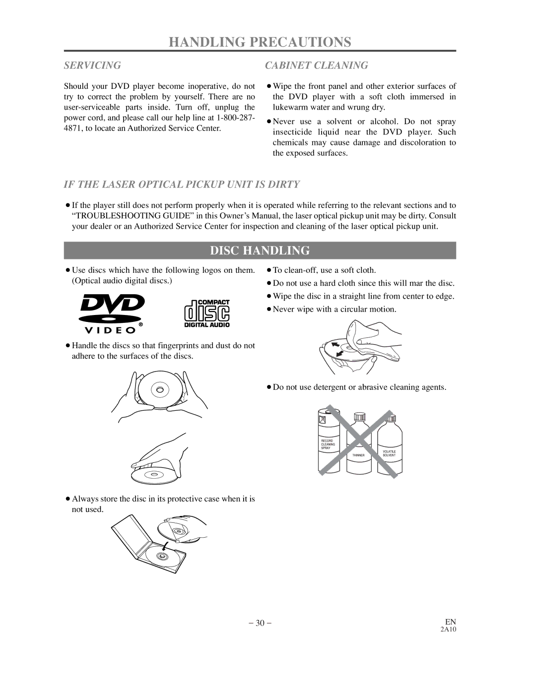 Sylvania DVL100CC owner manual Handling Precautions, Disc Handling 