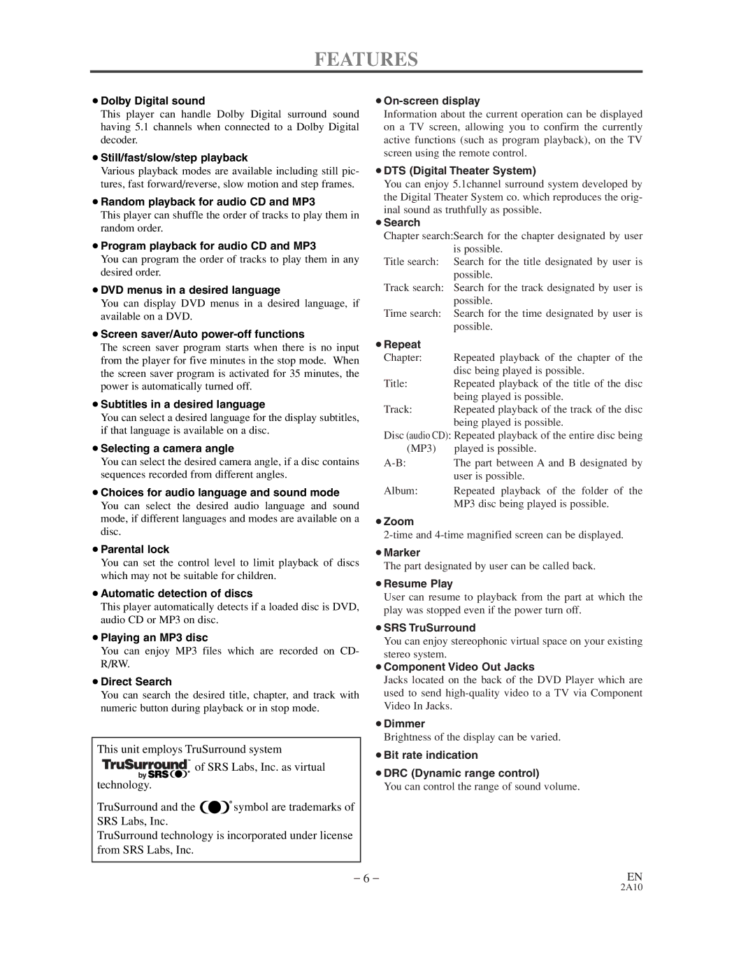 Sylvania DVL100CC owner manual Features, ¡Dolby Digital sound 