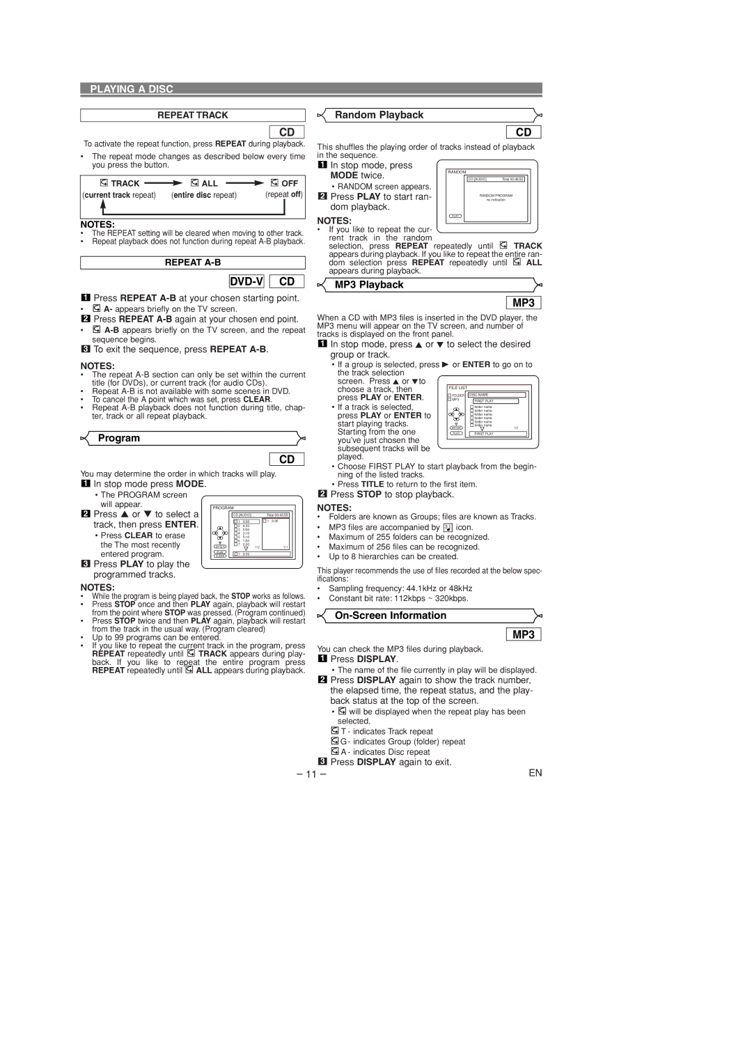 Sylvania DVL100D owner manual Random Playback, MP3 Playback, Program, On-Screen Information 