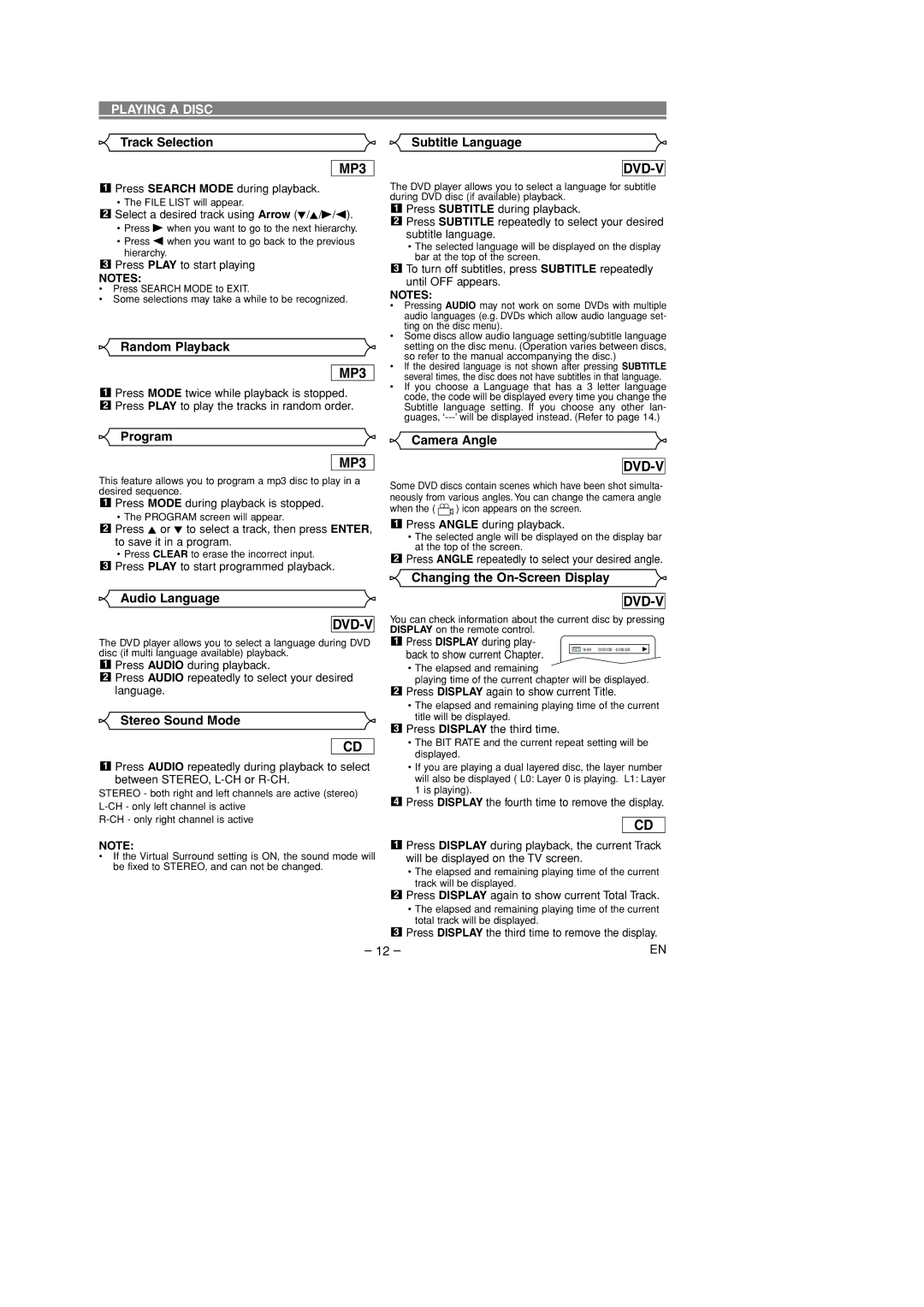 Sylvania DVL100D Track Selection, Audio Language, Stereo Sound Mode, Camera Angle, Changing the On-Screen Display 