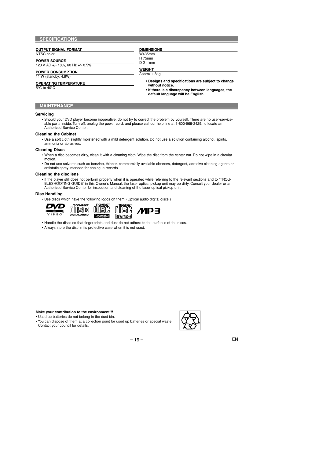 Sylvania DVL100D owner manual Specifications, Maintenance 